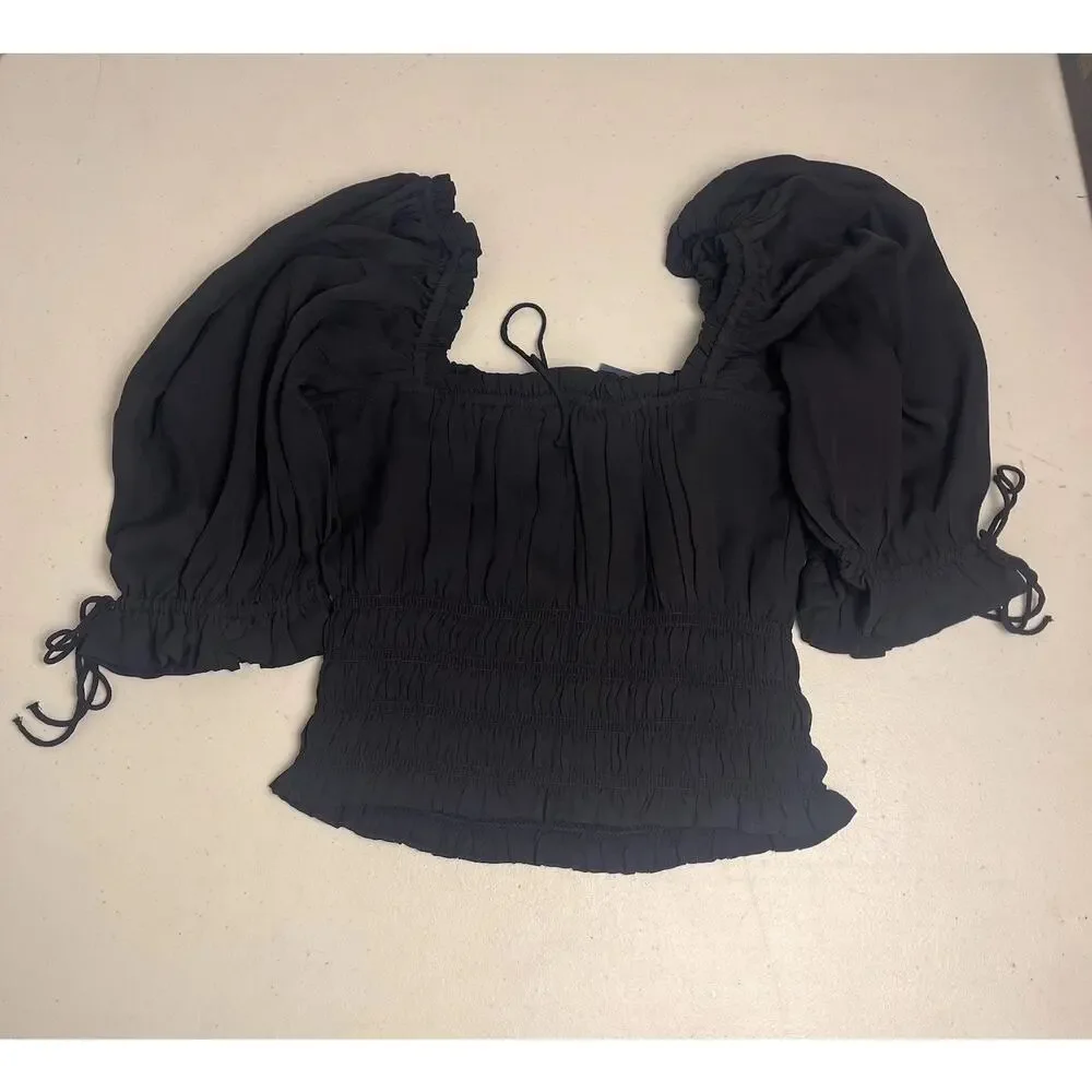 Abercrombie & Fitch Womens Medium Smocked Peasant Top Puff Sleeve Black Y2K Boho